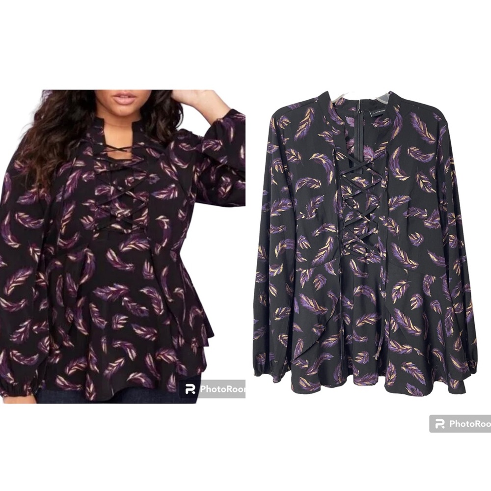 Lane Bryant Feather Prints Gold Purple Black Long Sleeves Blouse Size 12